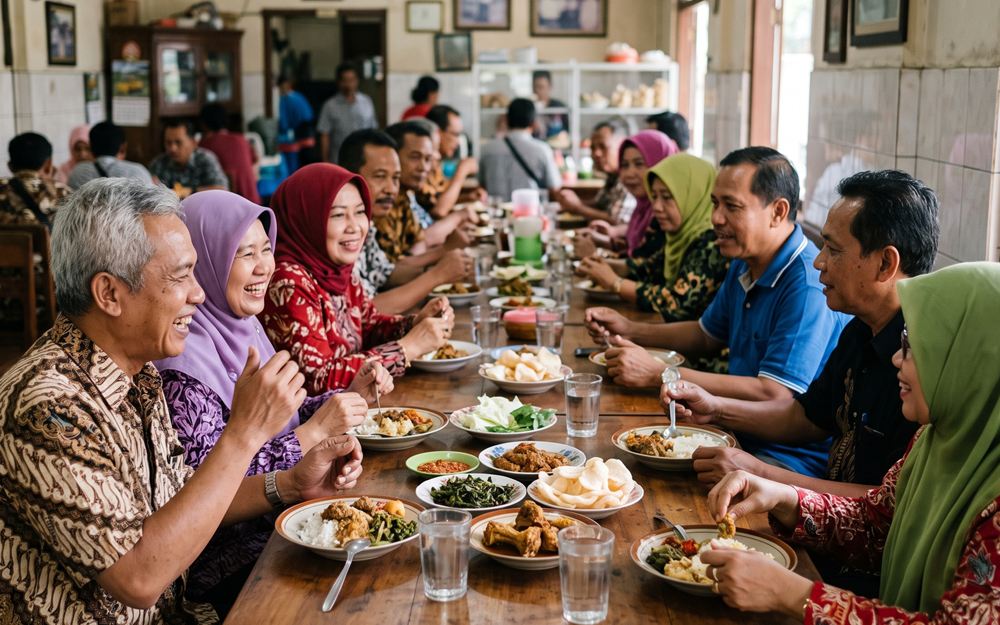 Anggota paguyuban makan bersama dalam acara silaturahmi
