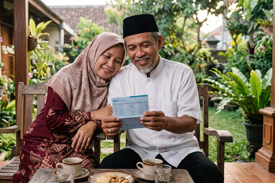 Sepasang anggota pensiunan memeriksa buku tabungan iuran di teras rumah