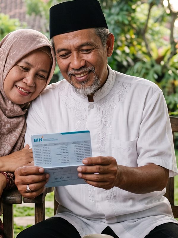Sepasang anggota pensiunan memeriksa buku tabungan iuran